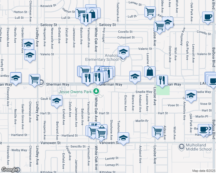 map of restaurants, bars, coffee shops, grocery stores, and more near 17563 Sherman Way in Los Angeles