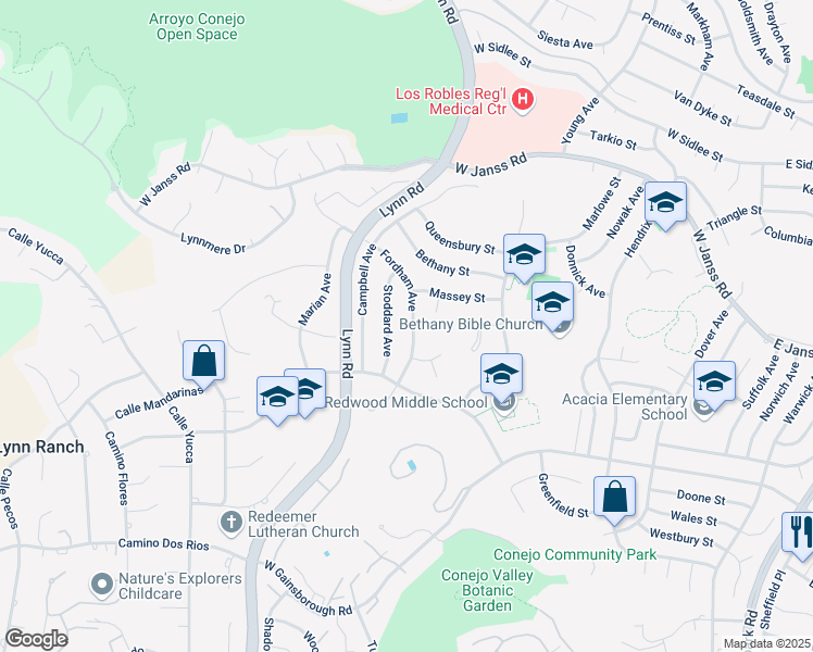 map of restaurants, bars, coffee shops, grocery stores, and more near 1641 Fordham Avenue in Thousand Oaks