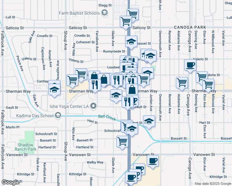 map of restaurants, bars, coffee shops, grocery stores, and more near 22063 Sherman Way in Los Angeles