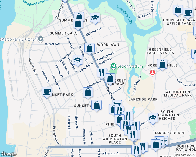 map of restaurants, bars, coffee shops, grocery stores, and more near 405 Southern Boulevard in Wilmington
