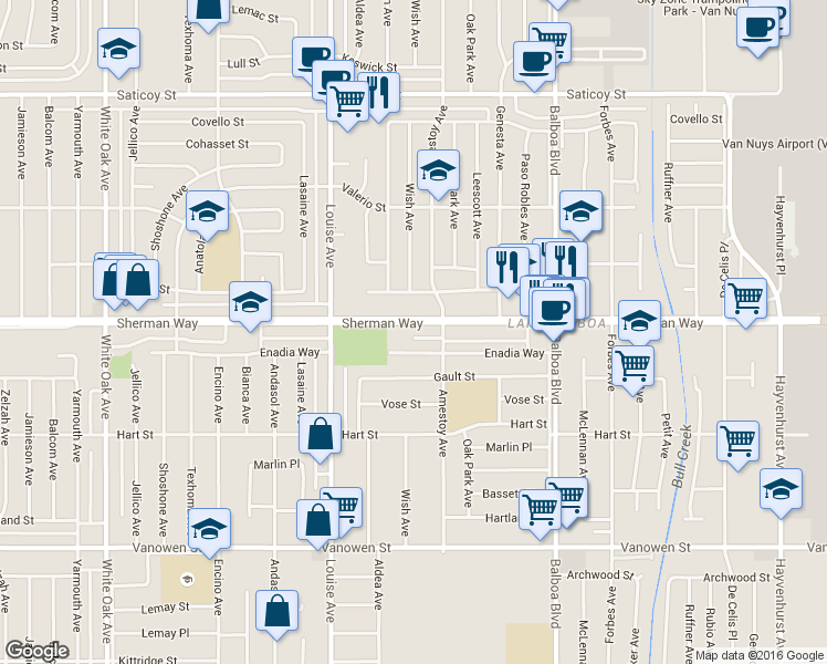 map of restaurants, bars, coffee shops, grocery stores, and more near 17134 Sherman Way in Los Angeles
