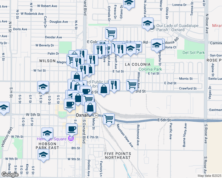 map of restaurants, bars, coffee shops, grocery stores, and more near 244 South Garfield Avenue in Oxnard