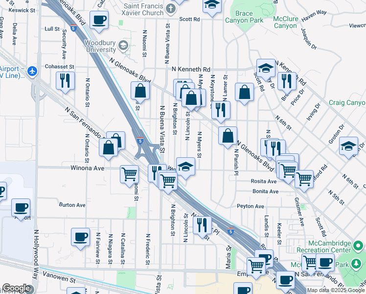 map of restaurants, bars, coffee shops, grocery stores, and more near 2526 North Brighton Street in Burbank