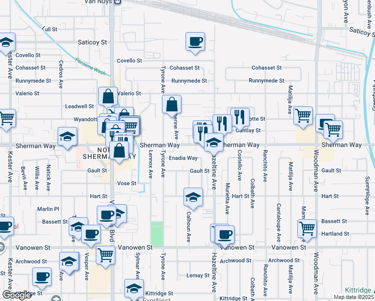 map of restaurants, bars, coffee shops, grocery stores, and more near 14215 Sherman Way in Los Angeles