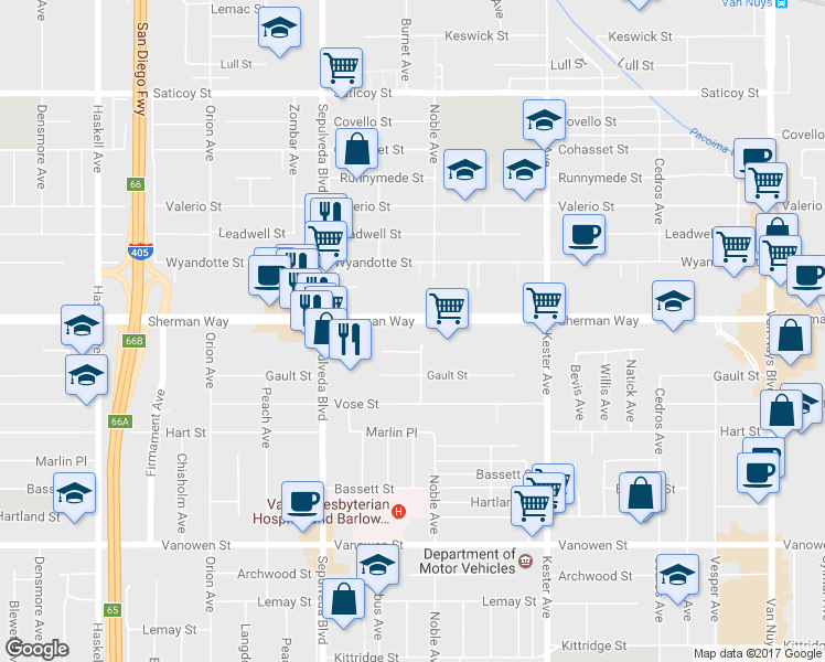 map of restaurants, bars, coffee shops, grocery stores, and more near in Los Angeles