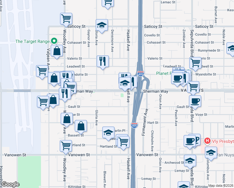 map of restaurants, bars, coffee shops, grocery stores, and more near 15724 Sherman Way in Los Angeles