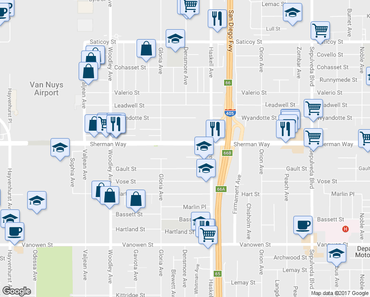 map of restaurants, bars, coffee shops, grocery stores, and more near 15813 Sherman Way in Los Angeles
