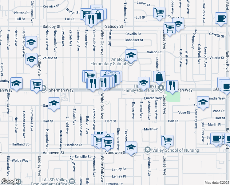 map of restaurants, bars, coffee shops, grocery stores, and more near 17563 Sherman Way in Los Angeles