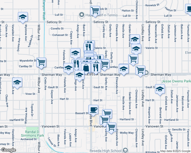 map of restaurants, bars, coffee shops, grocery stores, and more near 7200 Reseda Boulevard in Los Angeles