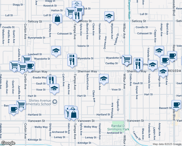 map of restaurants, bars, coffee shops, grocery stores, and more near 19145 Sherman Way in Los Angeles