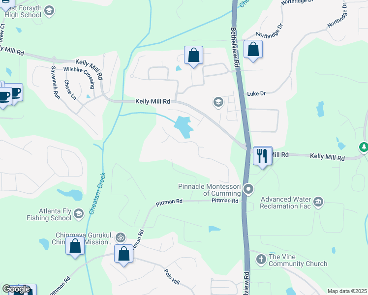 map of restaurants, bars, coffee shops, grocery stores, and more near 4825 Brighton Lake Drive in Cumming