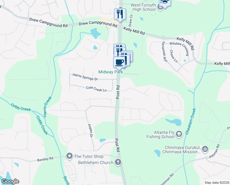 map of restaurants, bars, coffee shops, grocery stores, and more near 5235 Cole Creek Lane in Cumming
