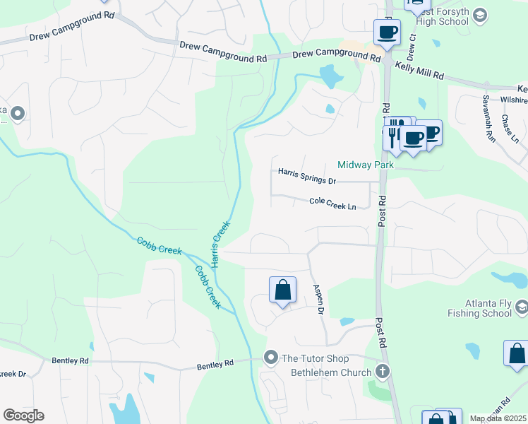 map of restaurants, bars, coffee shops, grocery stores, and more near 5475 Copper Creek Pass in Cumming