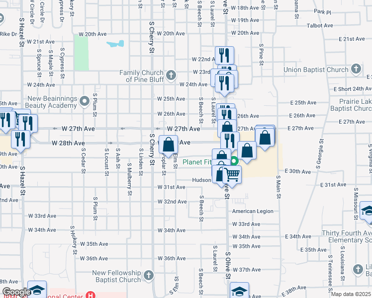 map of restaurants, bars, coffee shops, grocery stores, and more near 711 West 28th Avenue in Pine Bluff