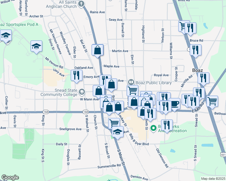 map of restaurants, bars, coffee shops, grocery stores, and more near 200 Thomas Avenue in Boaz