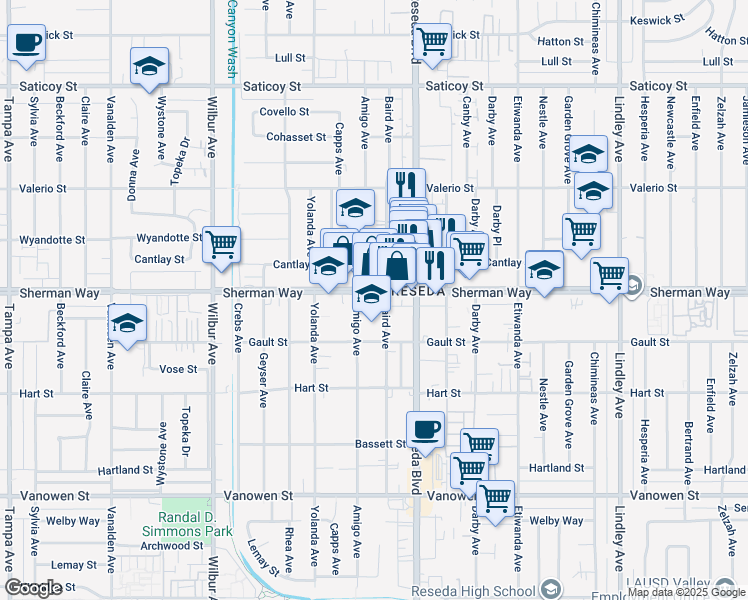 map of restaurants, bars, coffee shops, grocery stores, and more near 18566 Sherman Way in Los Angeles
