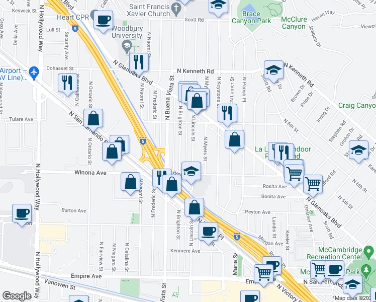 map of restaurants, bars, coffee shops, grocery stores, and more near 2443 North Lincoln Street in Burbank