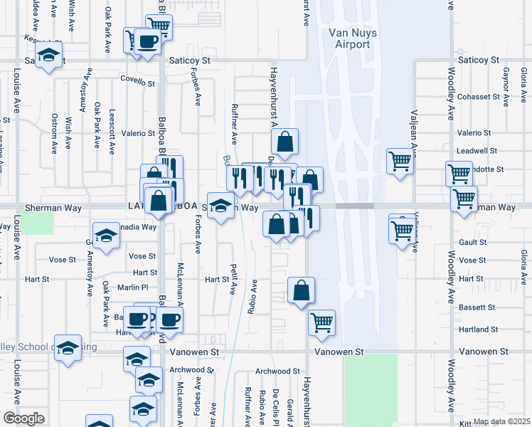 map of restaurants, bars, coffee shops, grocery stores, and more near 16623 Sherman Way in Los Angeles