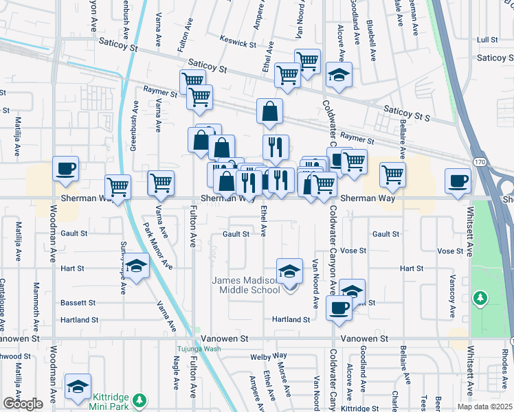 map of restaurants, bars, coffee shops, grocery stores, and more near 13123 Sherman Way in Los Angeles