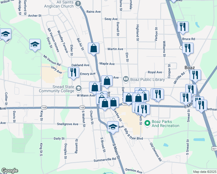map of restaurants, bars, coffee shops, grocery stores, and more near 200 Thomas Avenue in Boaz