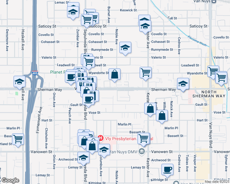 map of restaurants, bars, coffee shops, grocery stores, and more near 15114 Sherman Way in Los Angeles