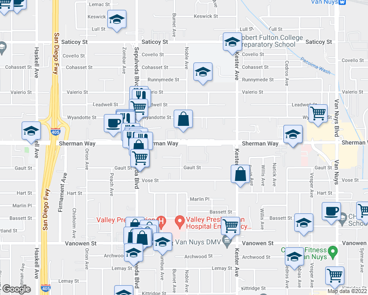 map of restaurants, bars, coffee shops, grocery stores, and more near 15114 Sherman Way in Los Angeles