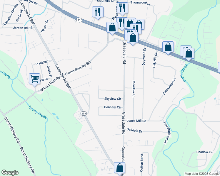 map of restaurants, bars, coffee shops, grocery stores, and more near 36 Skyview Circle in Cartersville