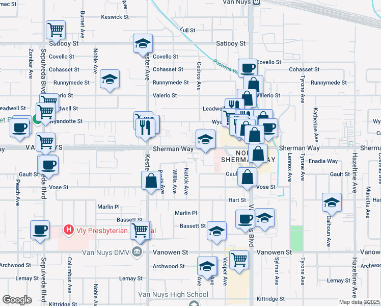 map of restaurants, bars, coffee shops, grocery stores, and more near 14716 Marie Lane in Los Angeles