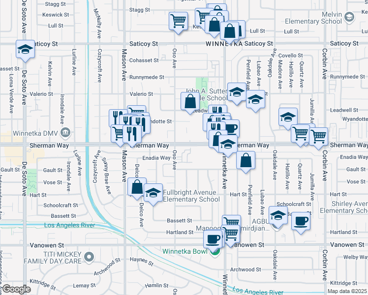 map of restaurants, bars, coffee shops, grocery stores, and more near 20224 Sherman Way in Los Angeles