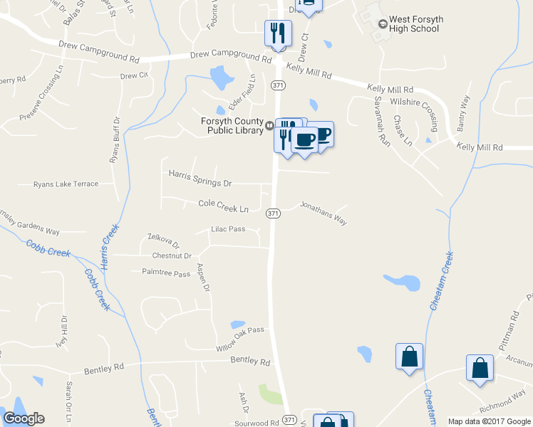 map of restaurants, bars, coffee shops, grocery stores, and more near 5235 Cole Creek Lane in Cumming