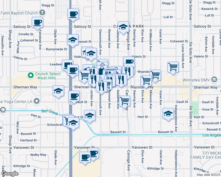 map of restaurants, bars, coffee shops, grocery stores, and more near 21601 Sherman Way in Los Angeles