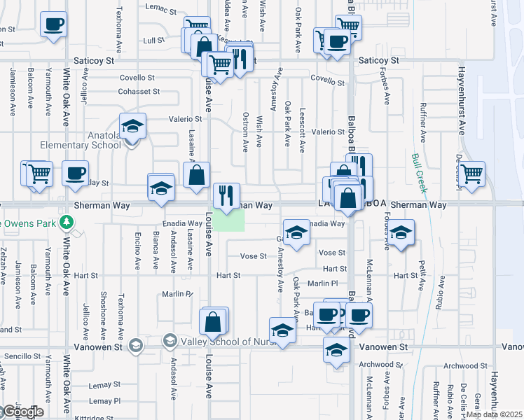 map of restaurants, bars, coffee shops, grocery stores, and more near 17113 Sherman Way in Los Angeles