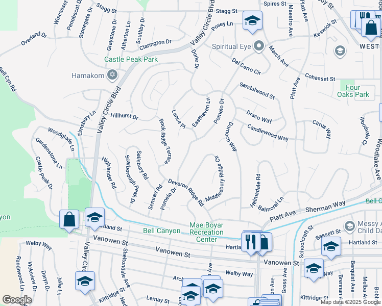 map of restaurants, bars, coffee shops, grocery stores, and more near 7152 Pomelo Drive in Los Angeles