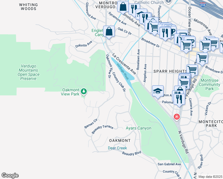 map of restaurants, bars, coffee shops, grocery stores, and more near 3391 Oakmont View Drive in Glendale