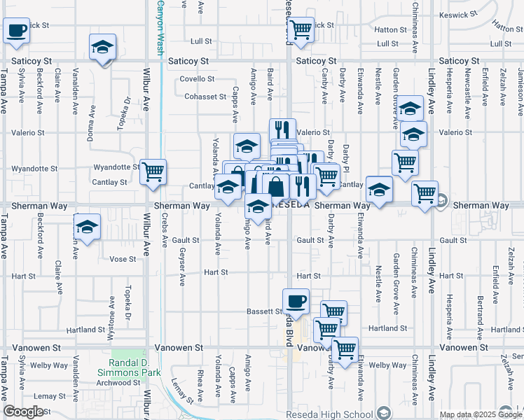 map of restaurants, bars, coffee shops, grocery stores, and more near 18566 Sherman Way in Los Angeles