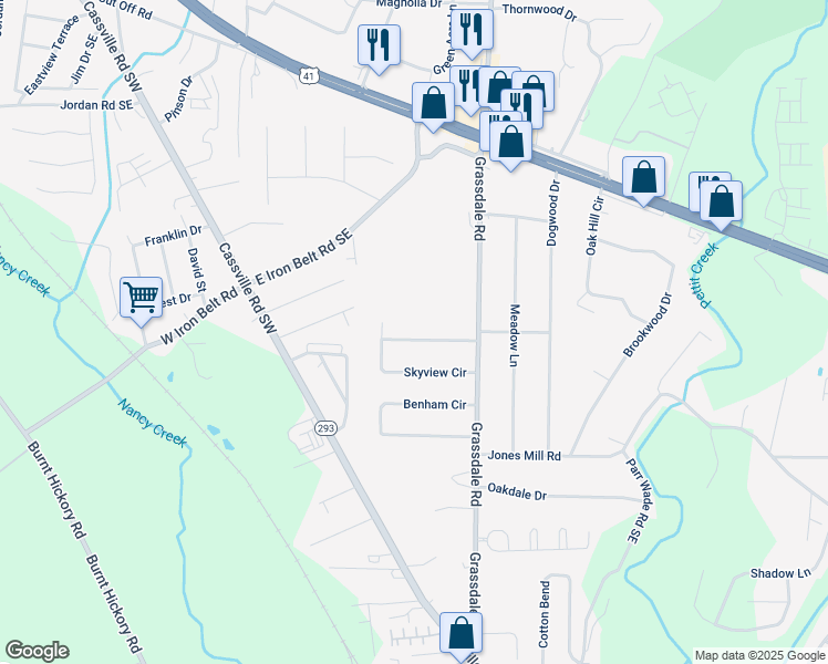 map of restaurants, bars, coffee shops, grocery stores, and more near 34 Skyview Circle in Cartersville