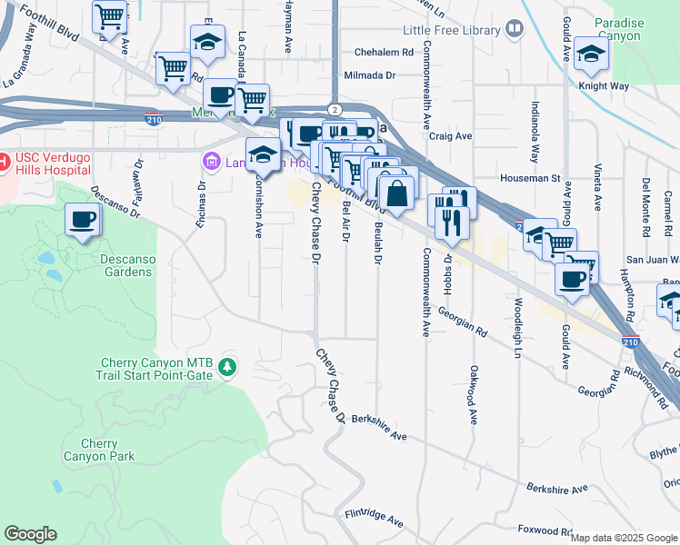 map of restaurants, bars, coffee shops, grocery stores, and more near 4393 Bel Air Drive in La Cañada Flintridge