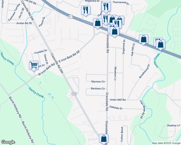 map of restaurants, bars, coffee shops, grocery stores, and more near 34 Skyview Circle in Cartersville