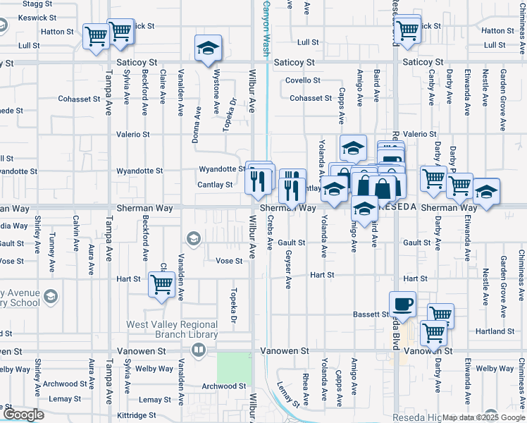 map of restaurants, bars, coffee shops, grocery stores, and more near 18840 Sherman Way in Los Angeles
