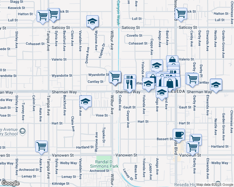 map of restaurants, bars, coffee shops, grocery stores, and more near 18840 Sherman Way in Los Angeles