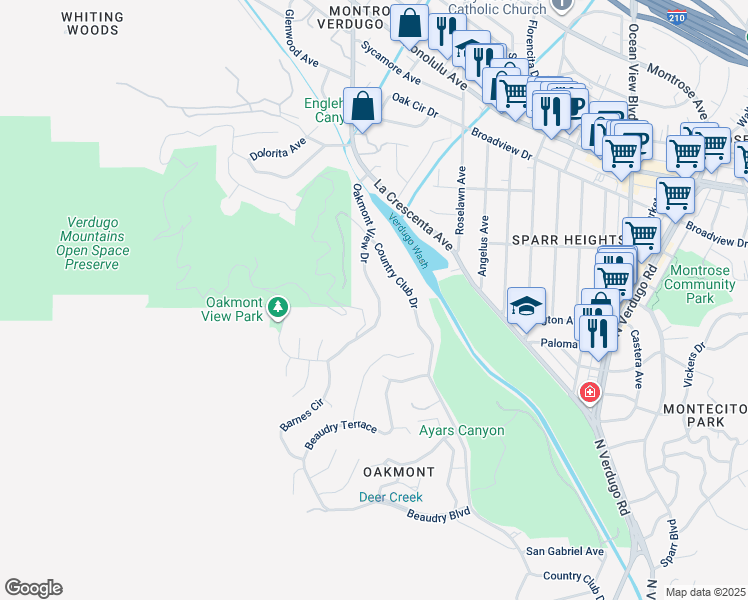 map of restaurants, bars, coffee shops, grocery stores, and more near 3391 Oakmont View Drive in Glendale