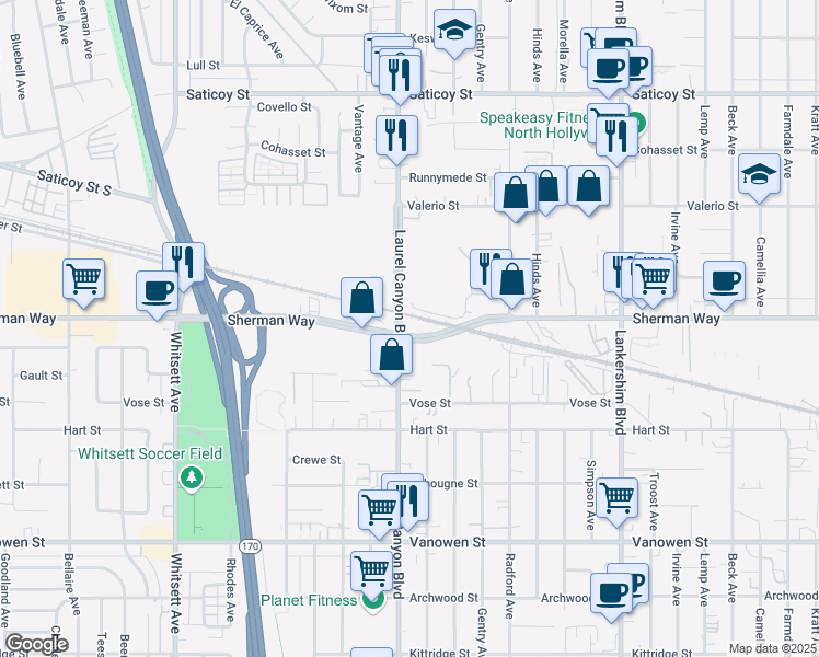 map of restaurants, bars, coffee shops, grocery stores, and more near 7137-7209 Laurel Canyon Boulevard in Los Angeles