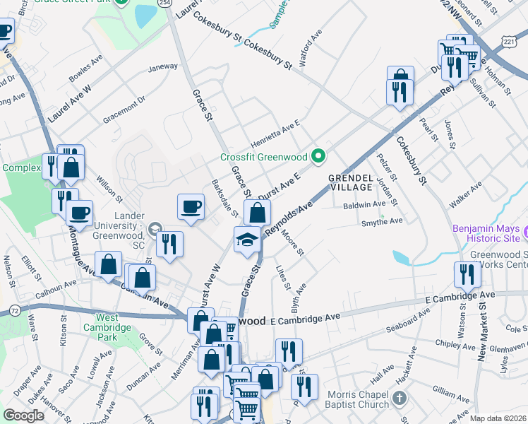 map of restaurants, bars, coffee shops, grocery stores, and more near 108 Hazelwood Court in Greenwood