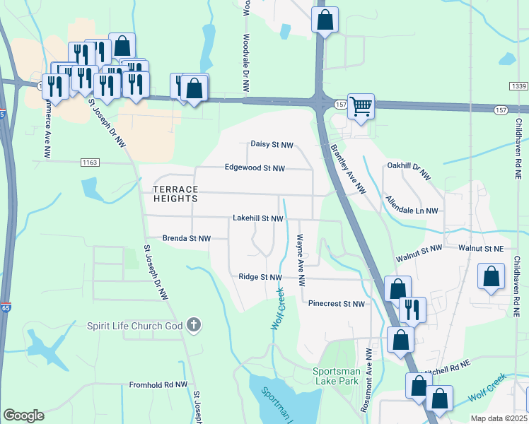 map of restaurants, bars, coffee shops, grocery stores, and more near 1616 Woodland Street Northwest in Cullman