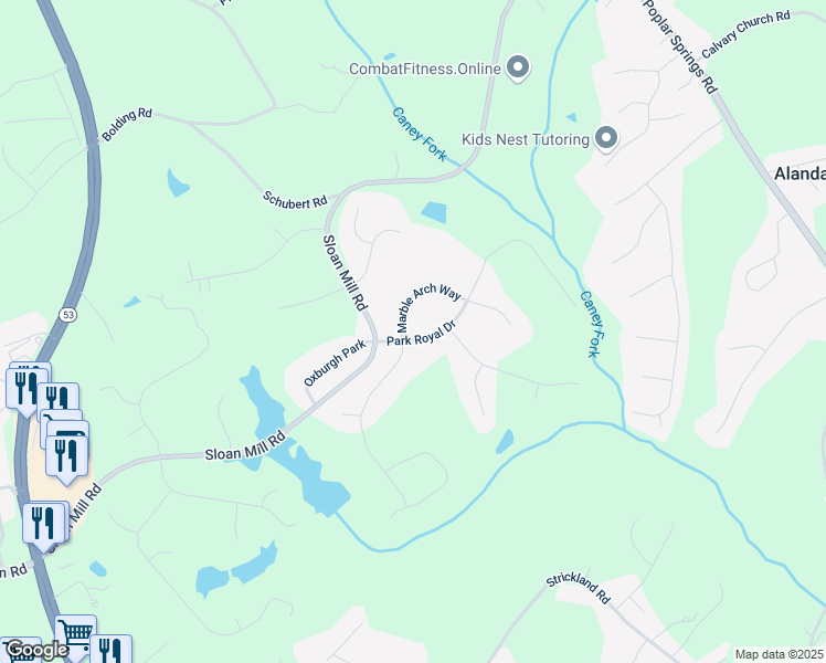 map of restaurants, bars, coffee shops, grocery stores, and more near 4306 Marble Arch Way in Flowery Branch
