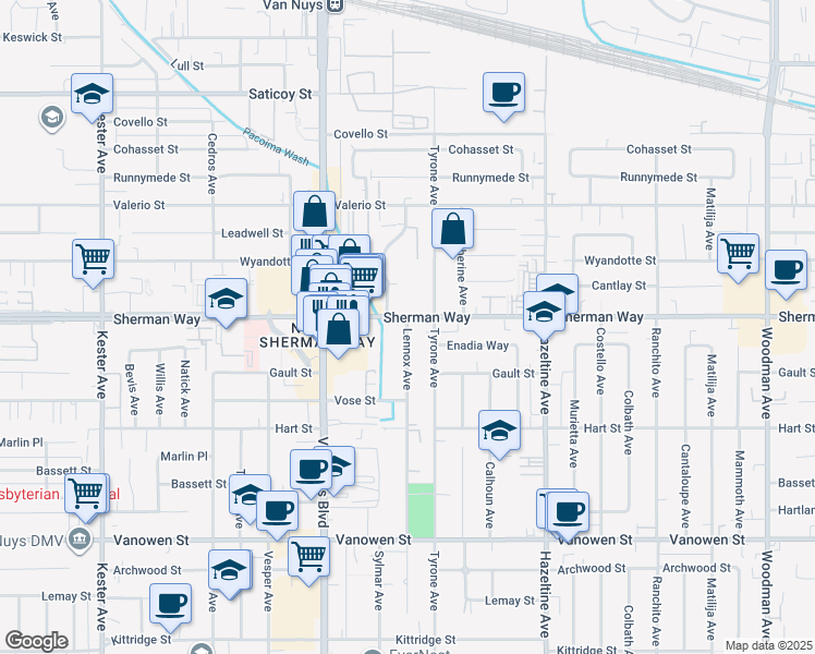 map of restaurants, bars, coffee shops, grocery stores, and more near 7882-2 Van Nuys Boulevard in Los Angeles