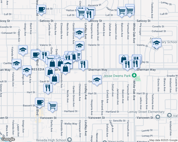 map of restaurants, bars, coffee shops, grocery stores, and more near 18041 Sherman Way in Los Angeles