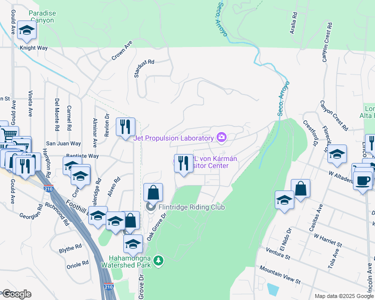 map of restaurants, bars, coffee shops, grocery stores, and more near 4800 Oak Grove Drive in Pasadena