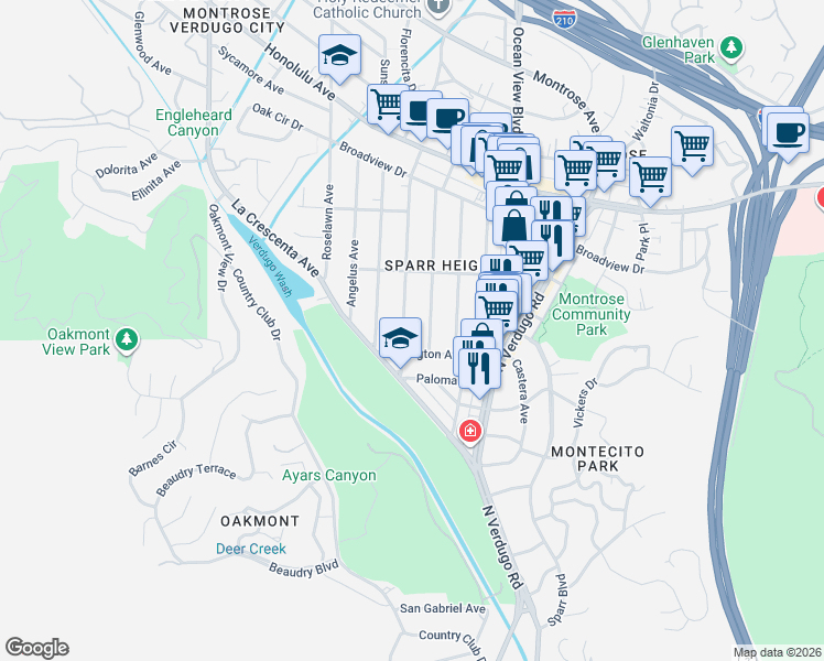 map of restaurants, bars, coffee shops, grocery stores, and more near 3437 Rosemary Avenue in Glendale