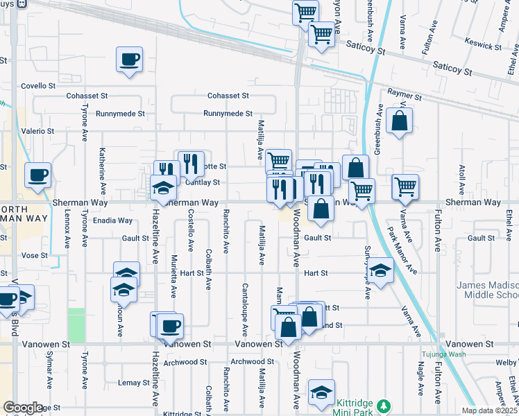 map of restaurants, bars, coffee shops, grocery stores, and more near 13819 Sherman Way in Los Angeles